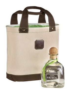 Patrón Tequila Brown beige leather green insulated tote bag purse canvas bag